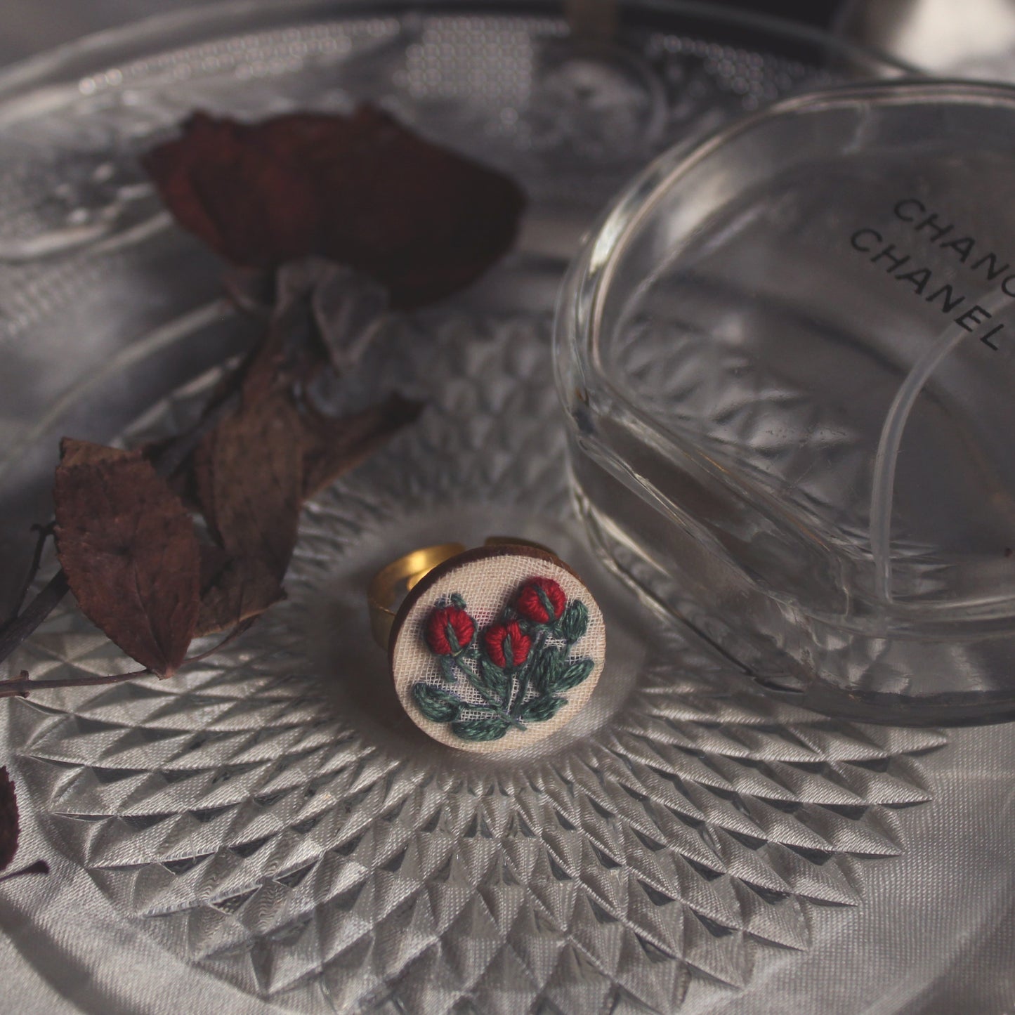 Dark Red Rose Buds Branch Round Adjustable Ring