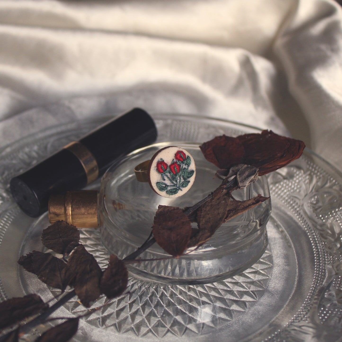 Dark Red Rose Buds Branch Round Adjustable Ring