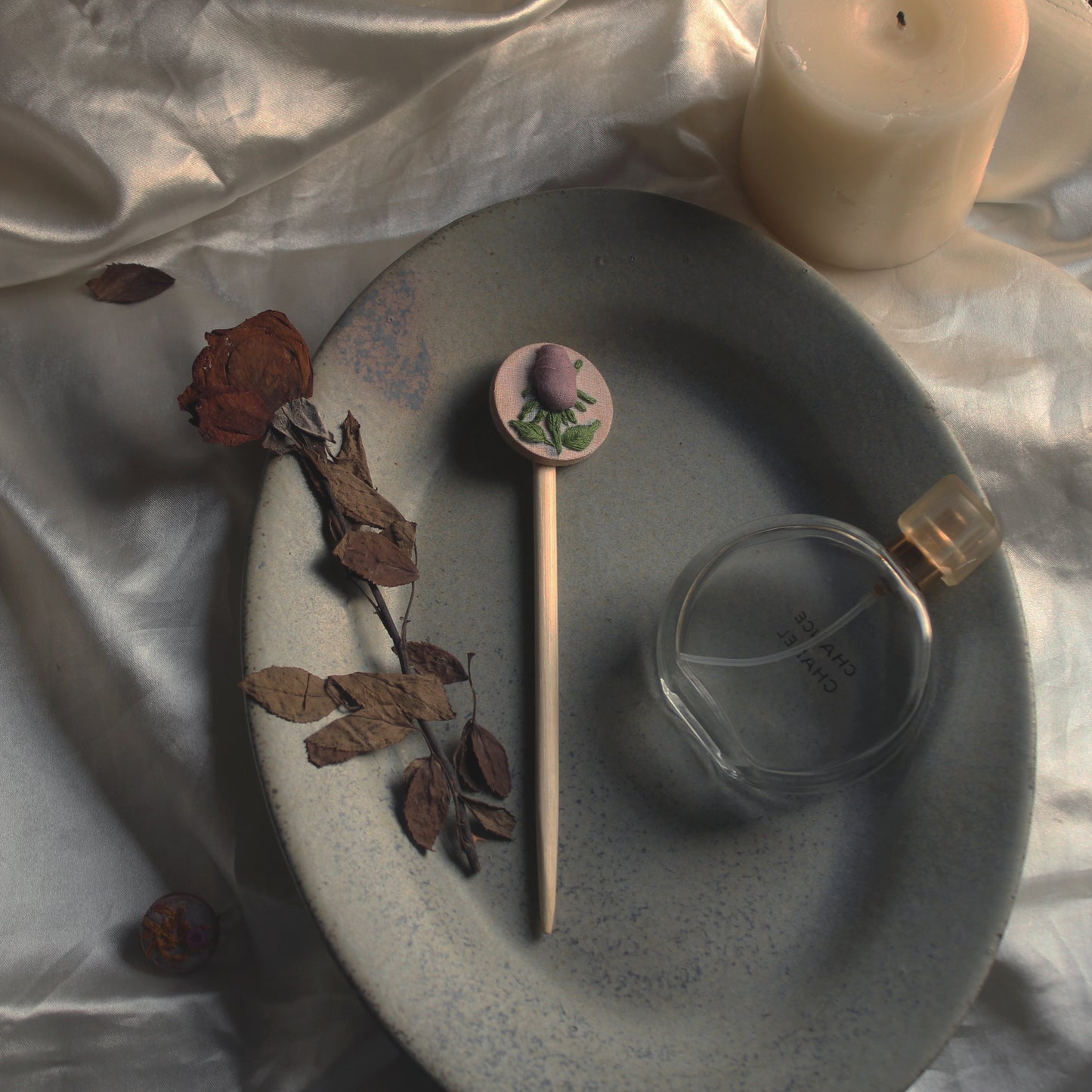 Dusty Pink Rose Branch Round Hair Stick