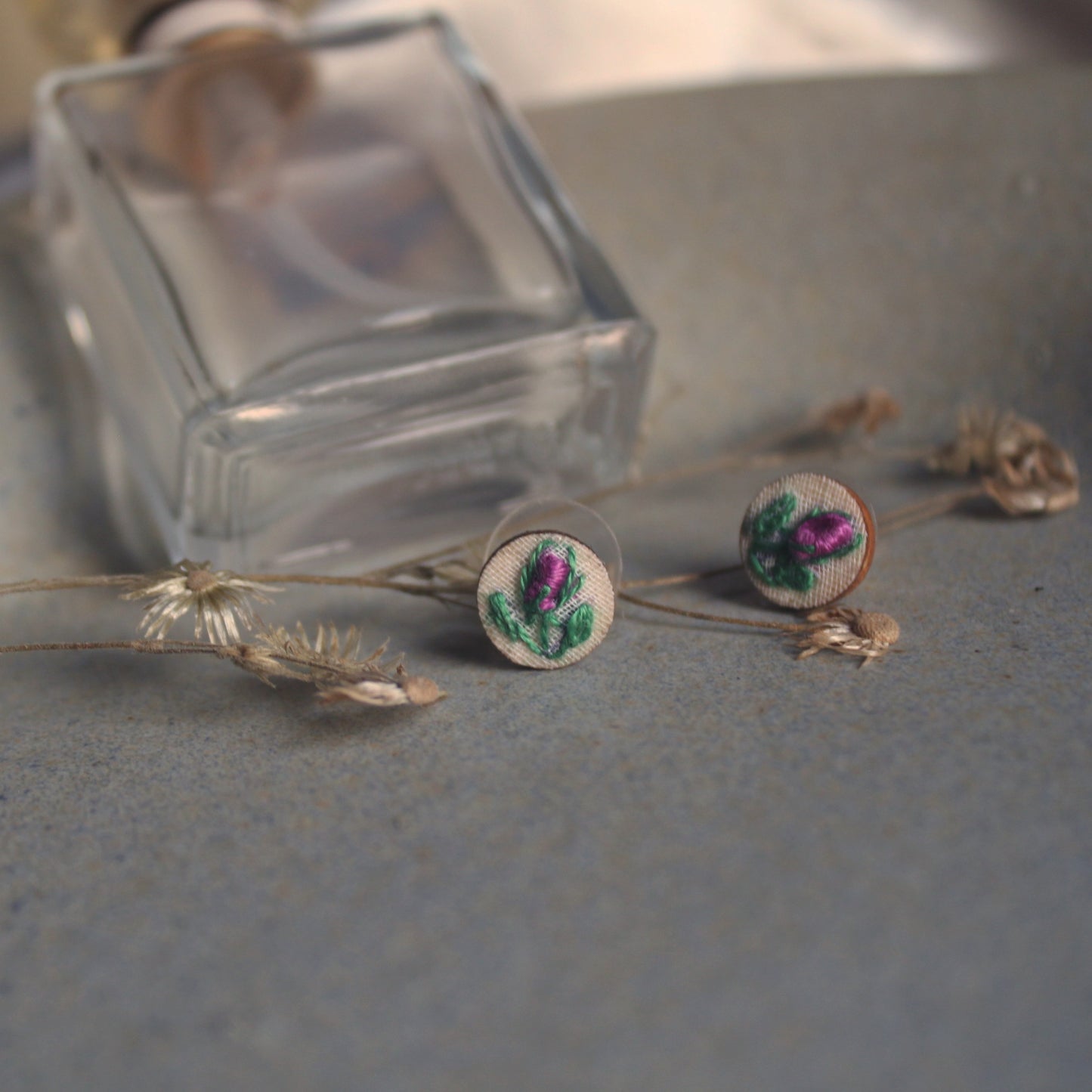 Purple Rose Bud Tiny Round Ear Studs