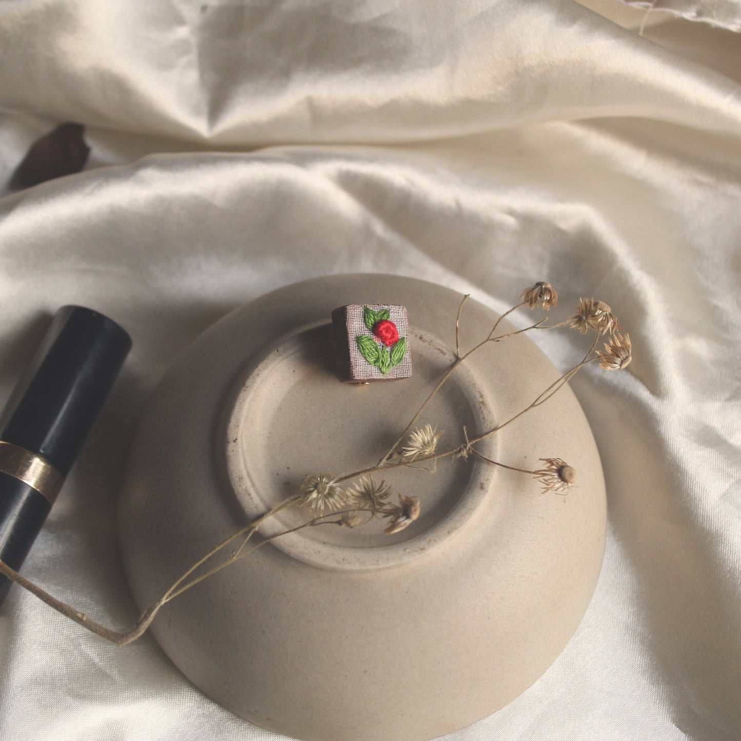 Red Rose Branch Square Brooch Pin