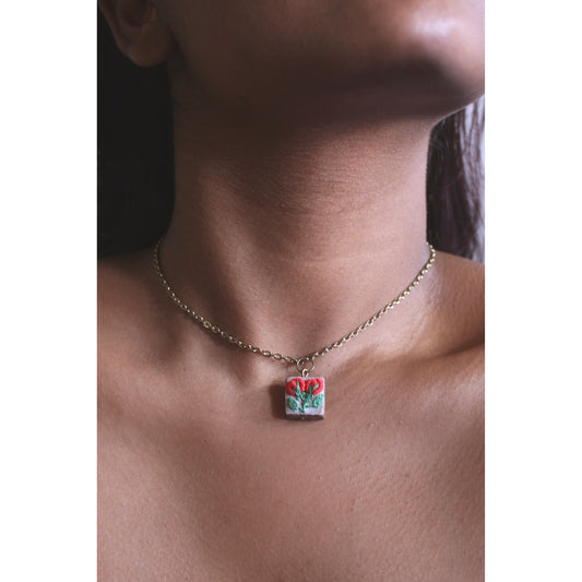 Red Rose Double Buds Branch Square Necklace