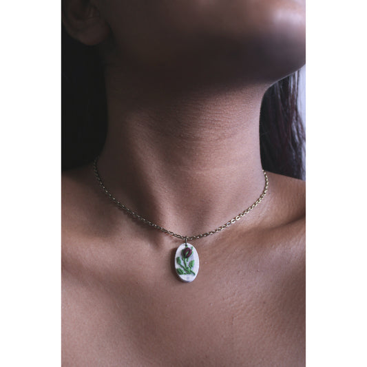 Wine Red Rose Bud Branch Hollow Oval Necklace