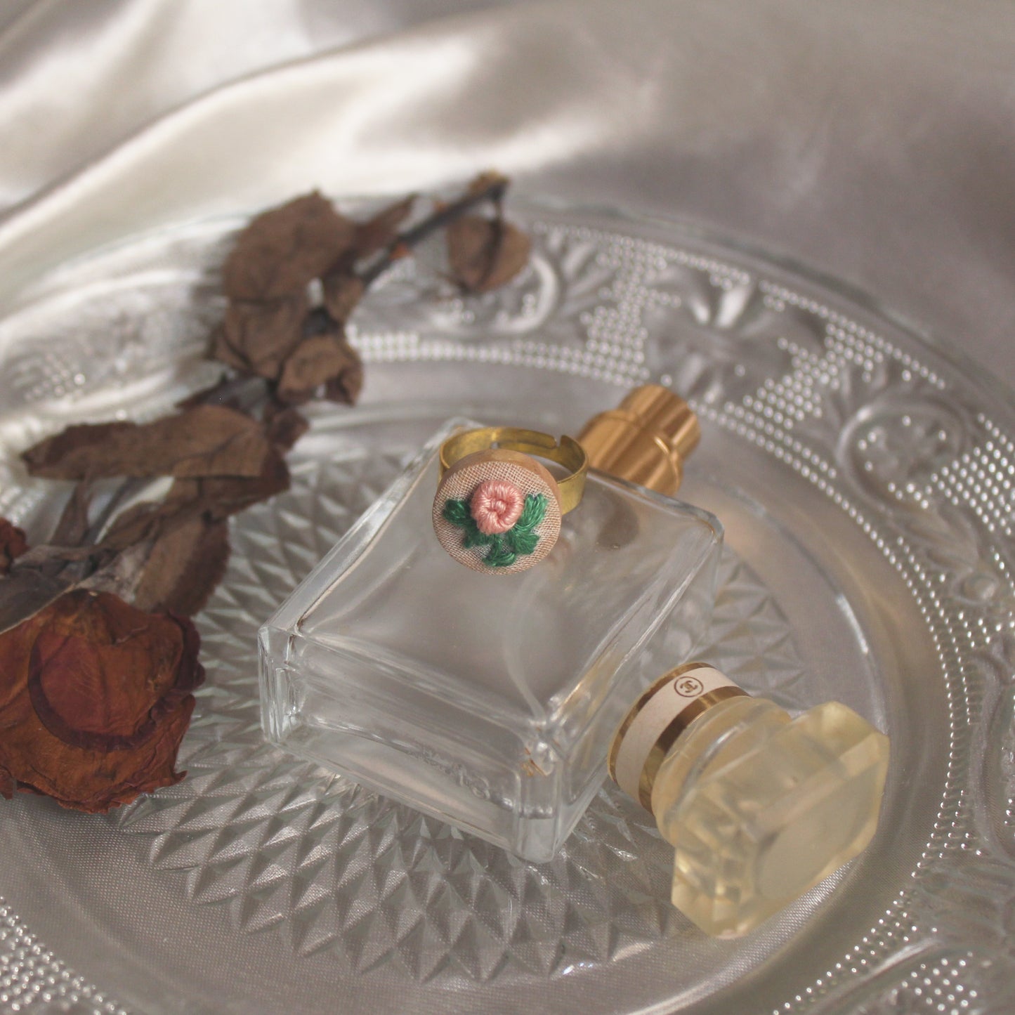 Soft Peach Rose Branch Small Round Adjustable Ring