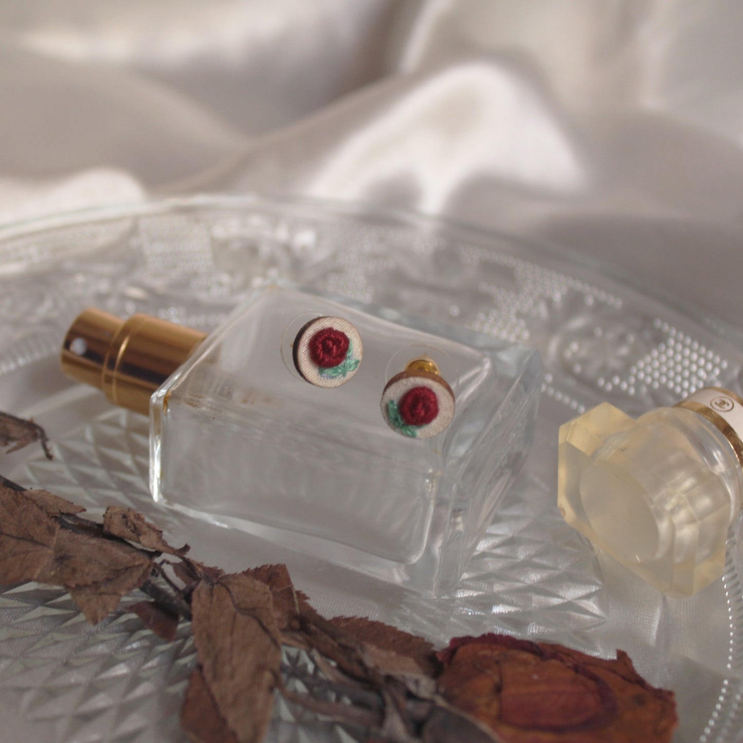 Maroon Rose Branch Tiny Round Ear Studs