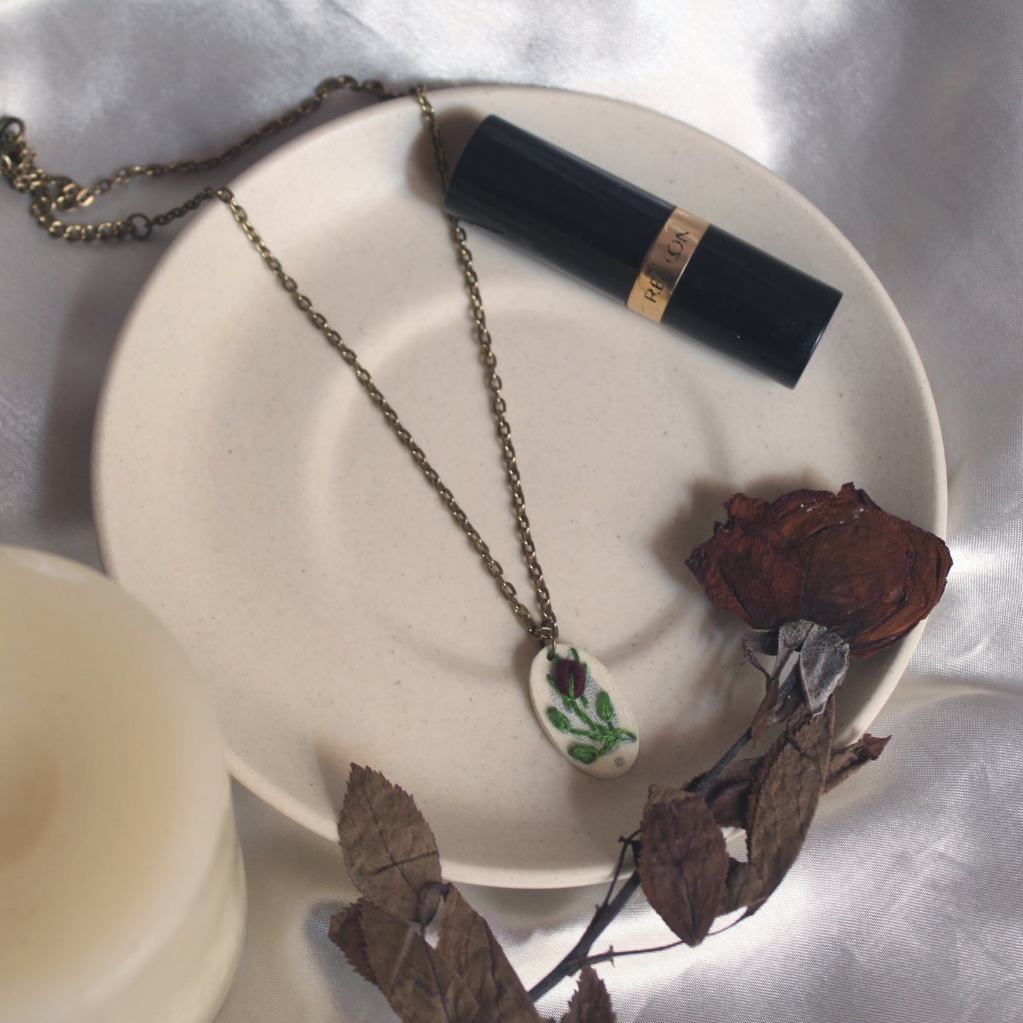 Wine Red Rose Bud Branch Hollow Oval Necklace