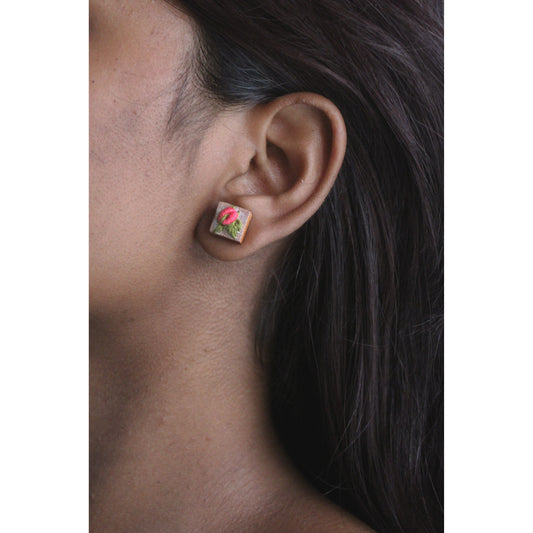Peach Rose Buds Branch Tiny Square Ear Studs
