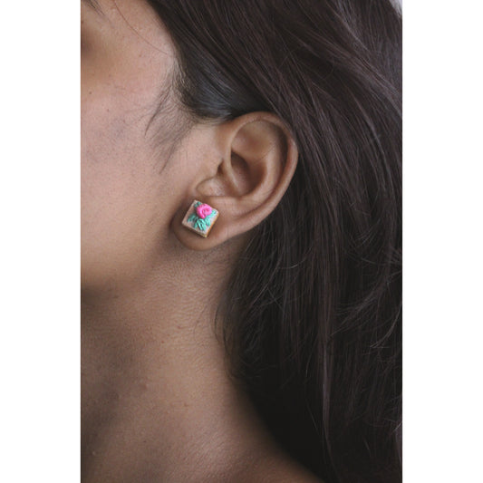 Pink Gradient Rose Branch Tiny Square Ear Studs
