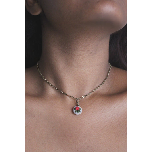 Tiny Red Rose Branch Hollow Round Necklace