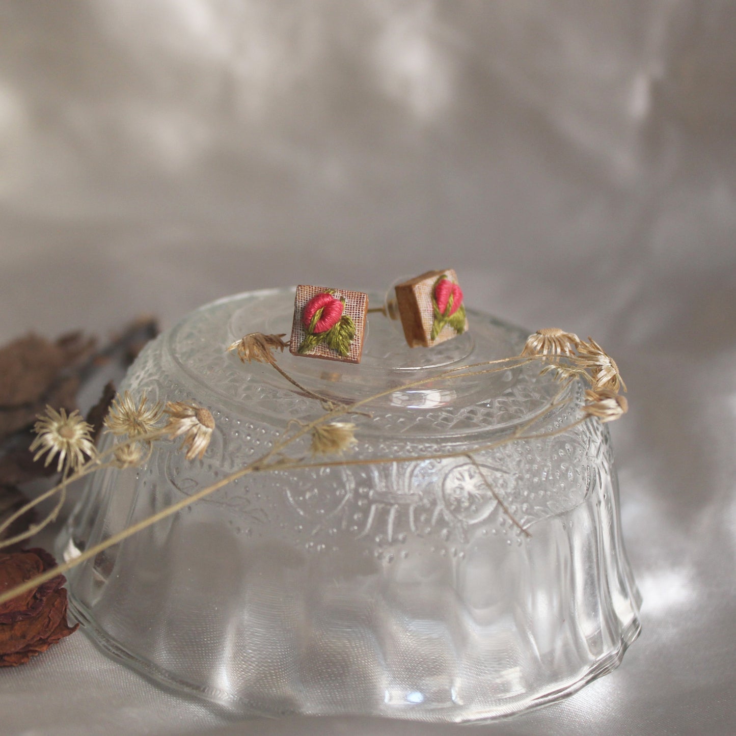 Peach Rose Buds Branch Tiny Square Ear Studs