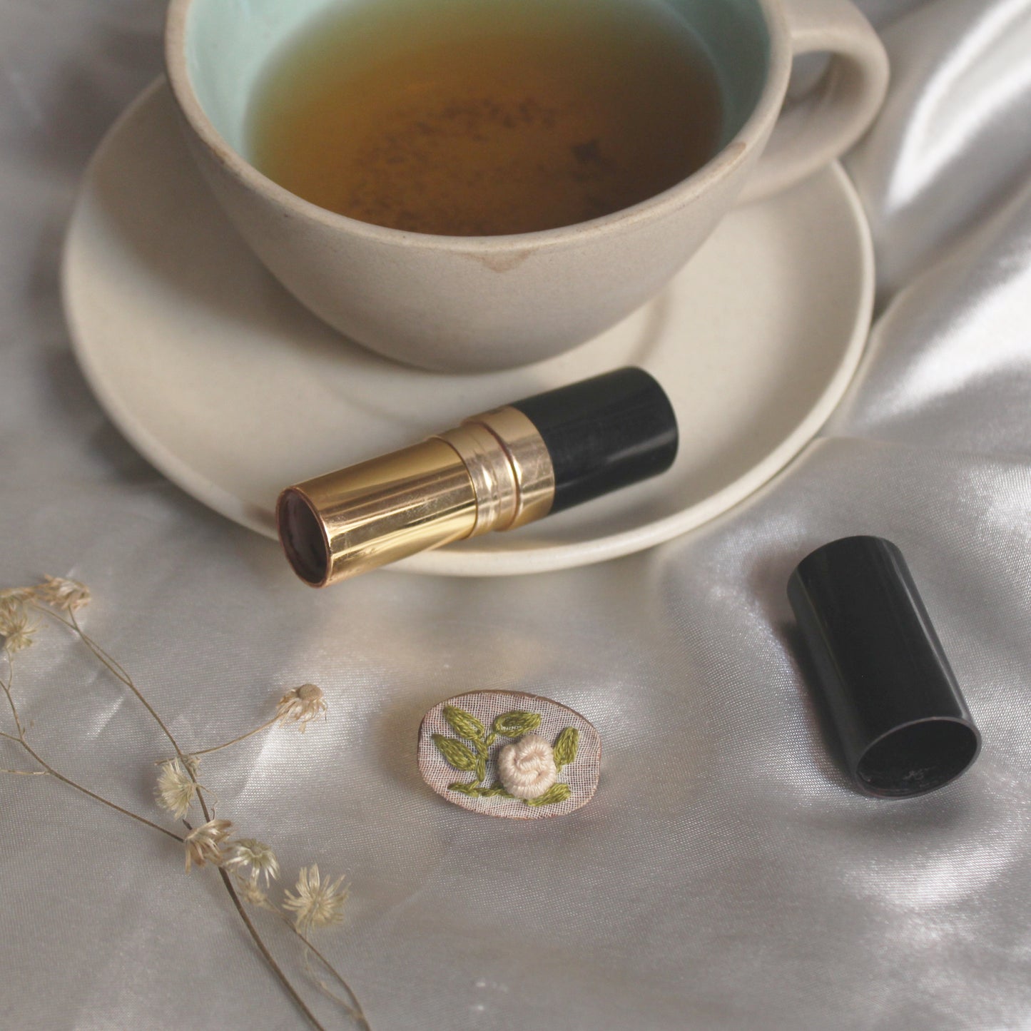 Cream Rose Branch Oval Brooch Pin