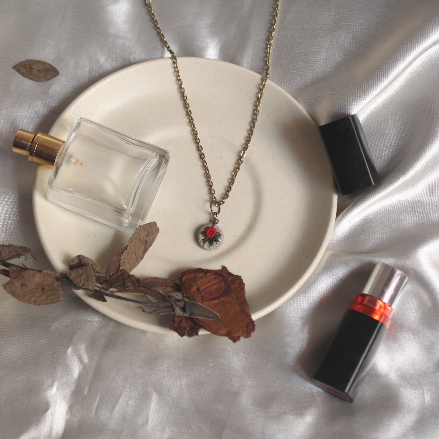 Tiny Red Rose Branch Hollow Round Necklace