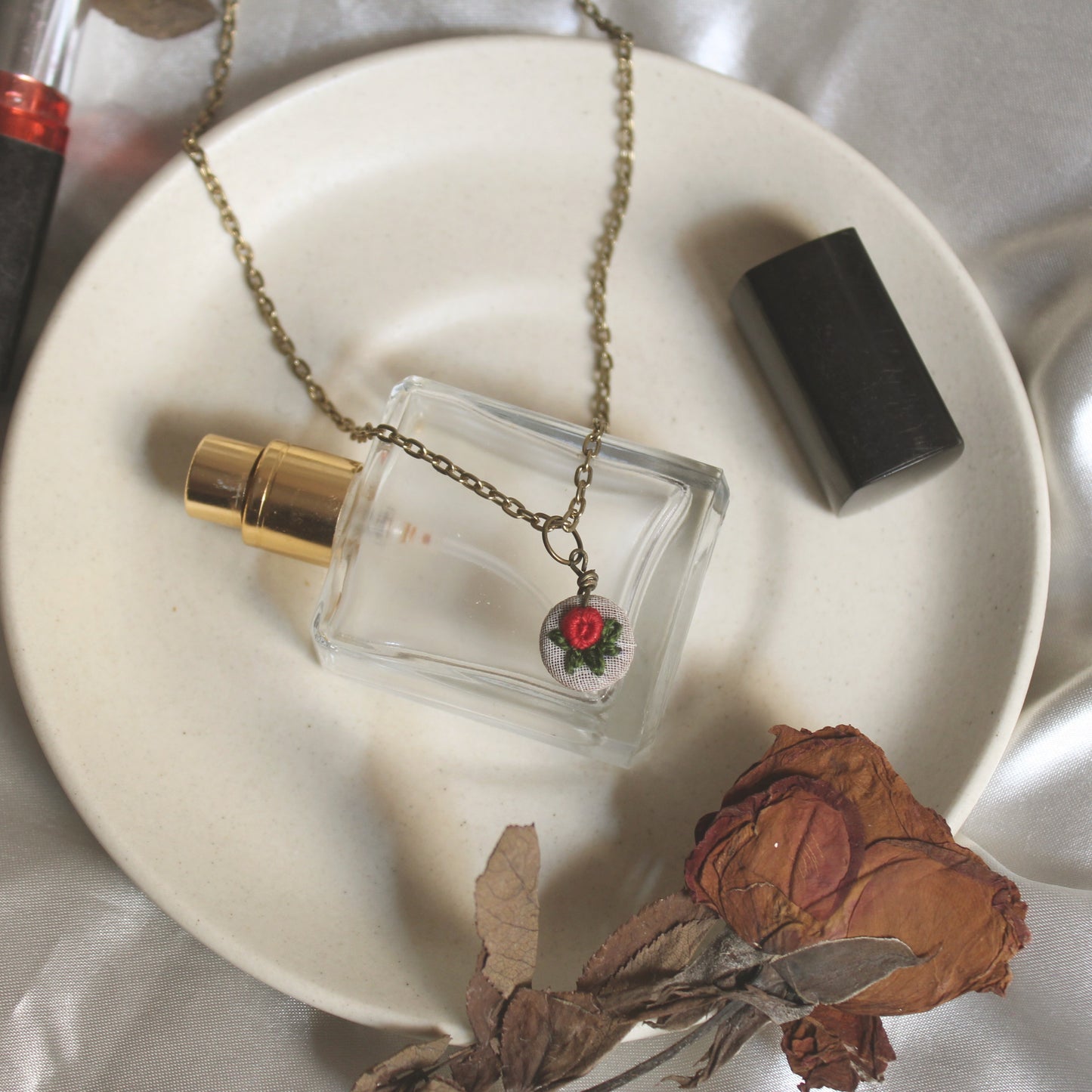 Tiny Red Rose Branch Hollow Round Necklace