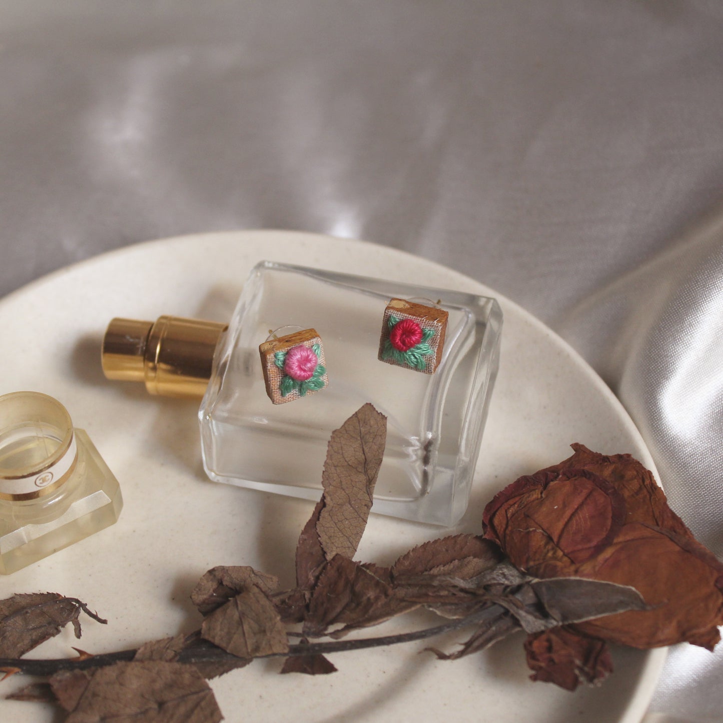 Pink Gradient Rose Branch Tiny Square Ear Studs