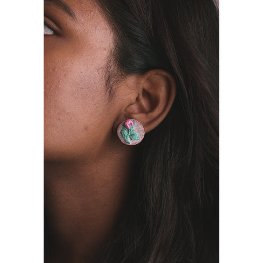 Pink Gradient Rose Bud Branch Round Ear Studs