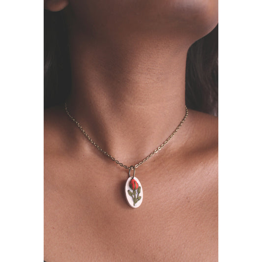 Red Rose Bud Branch Oval Hollow Necklace