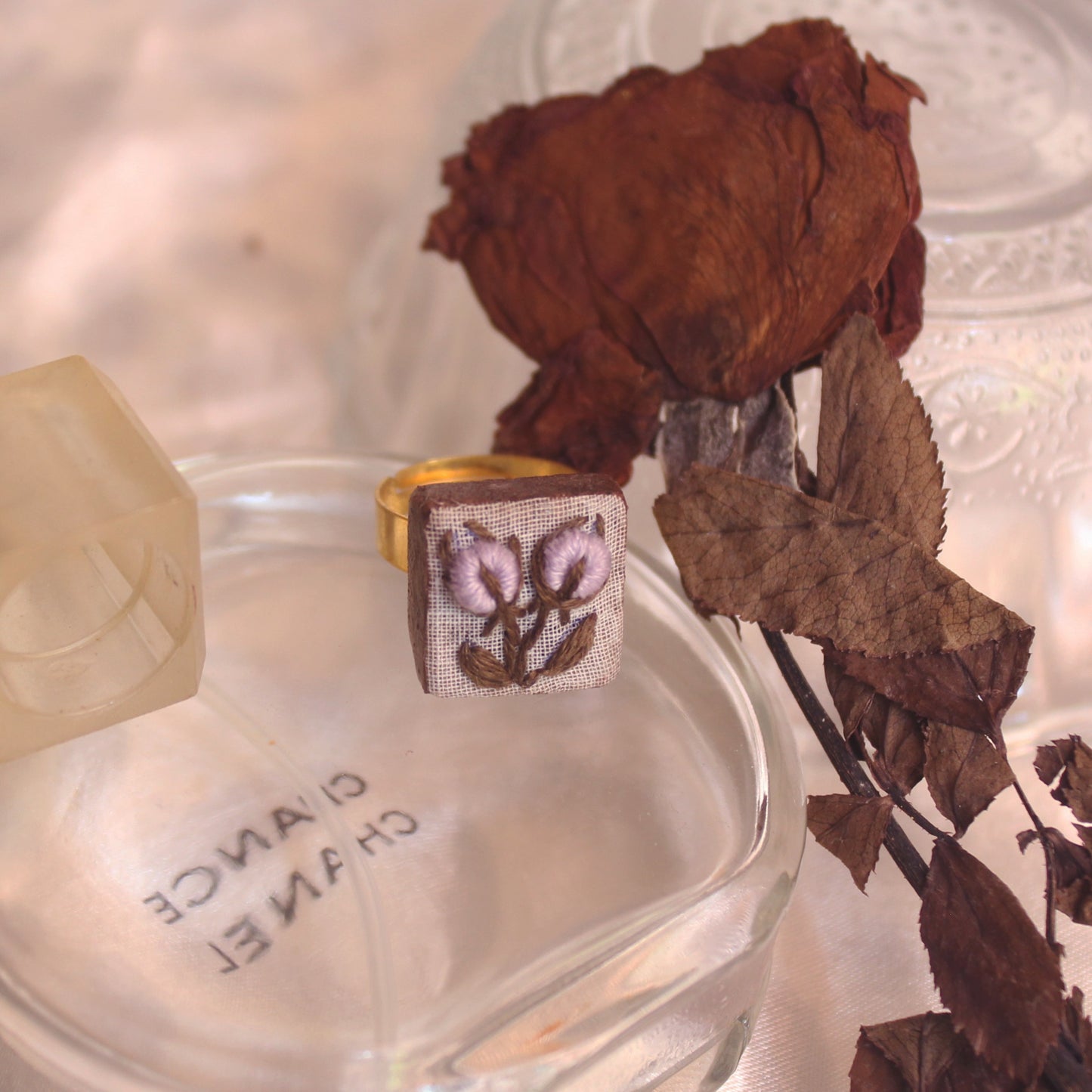 Double Lavender Rose Buds Branch Square Adjustable Ring