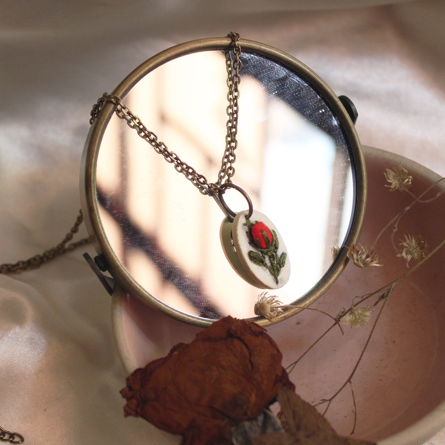 Red Rose Bud Branch Oval Hollow Necklace