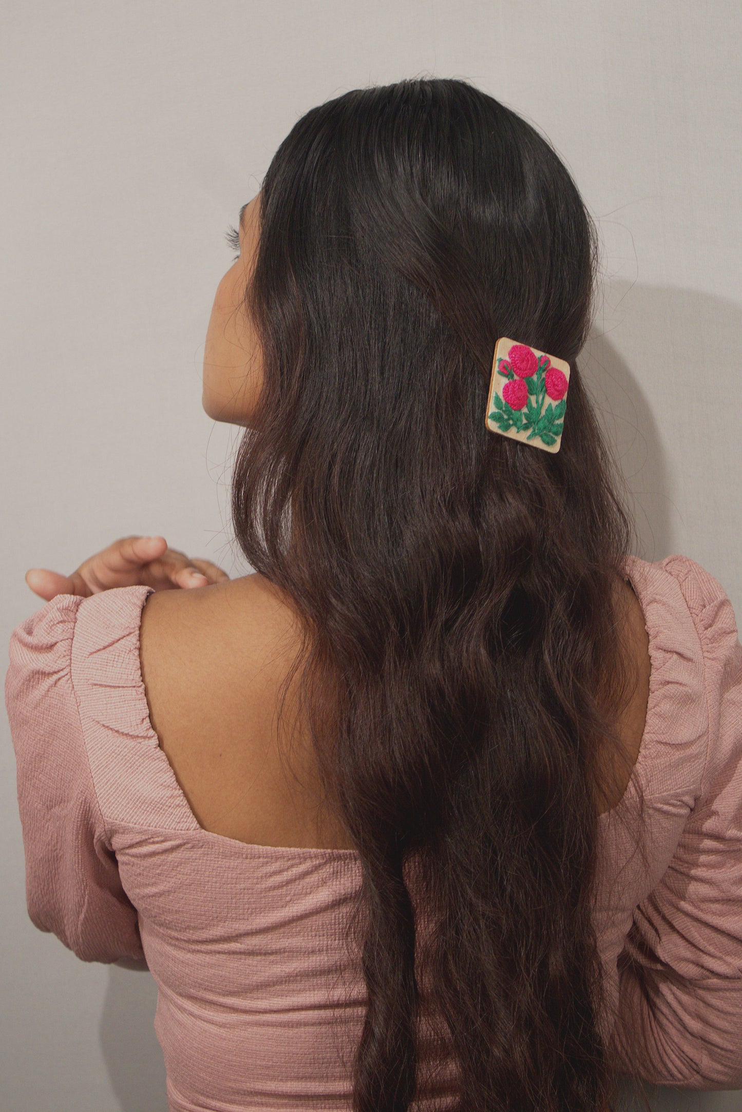 Deep Pink Rose Branch Rectangular Alligator Hair Clip