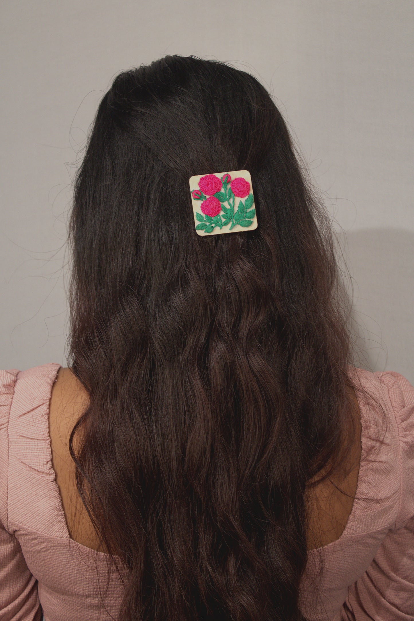 Deep Pink Rose Branch Rectangular Alligator Hair Clip