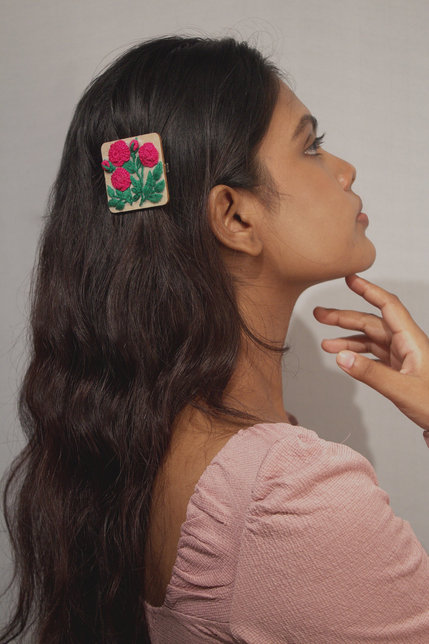 Deep Pink Rose Branch Rectangular Alligator Hair Clip
