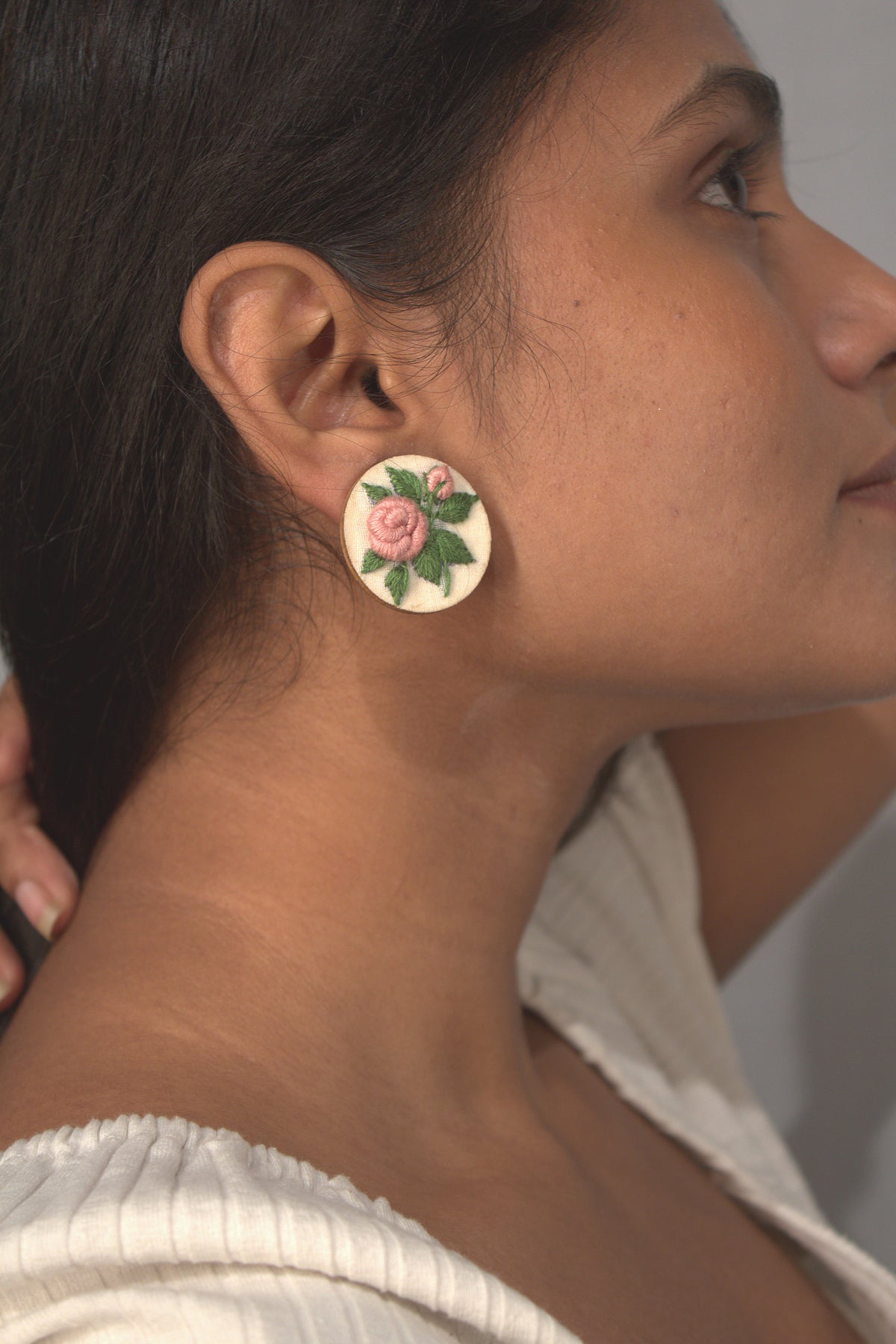 Peach Rose Branch Round Ear Studs