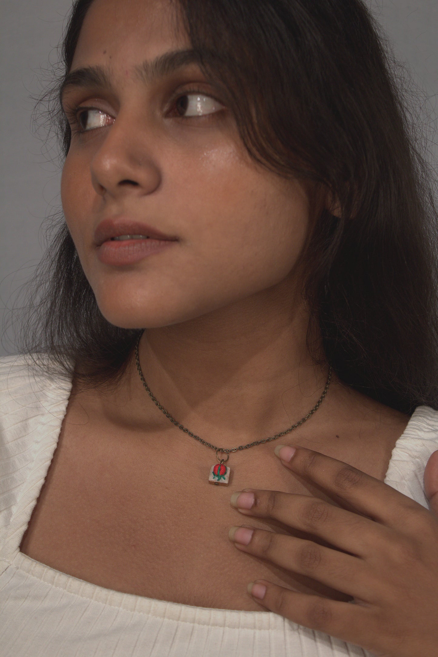 Red Rose Bud Tiny Square Necklace