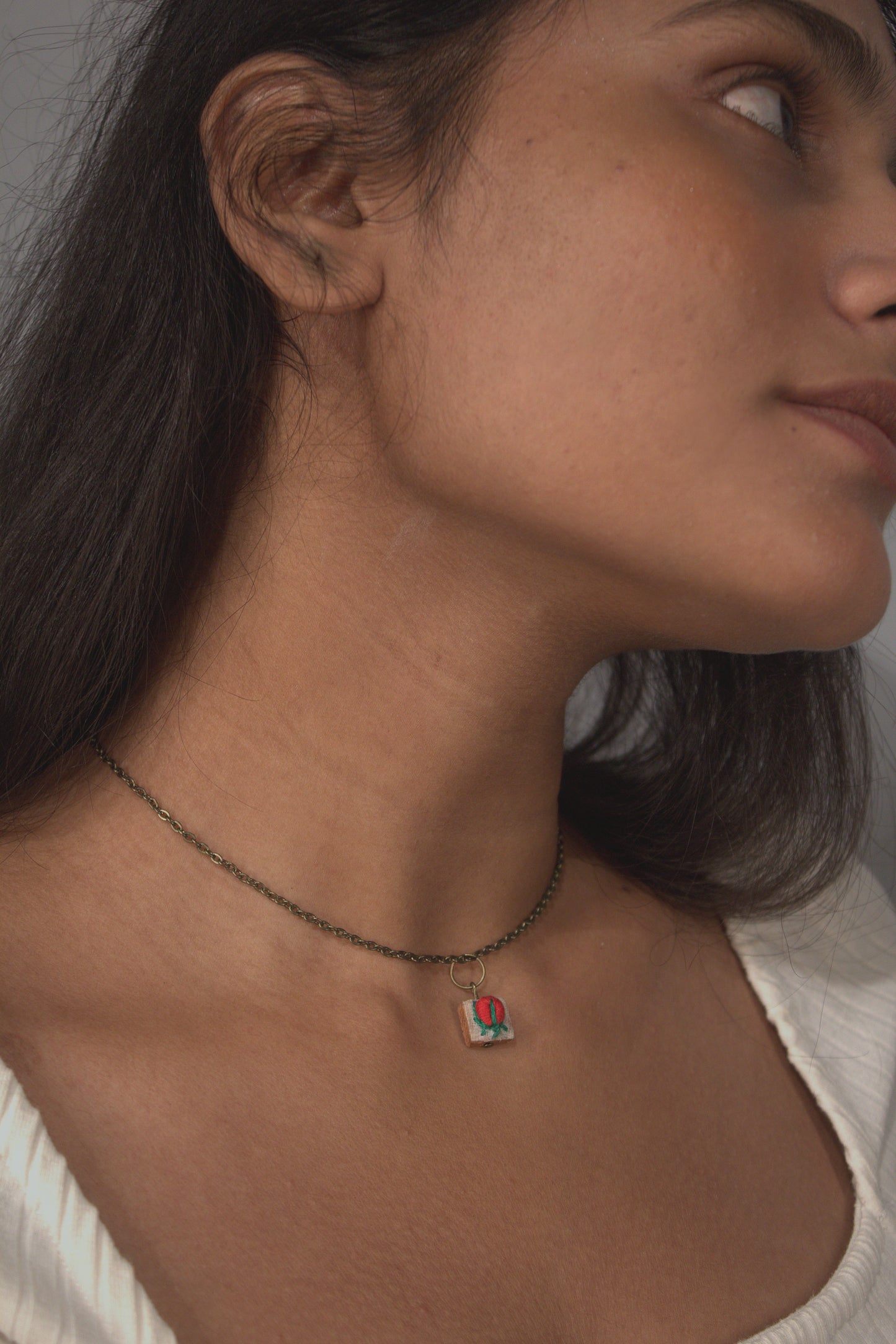 Red Rose Bud Tiny Square Necklace