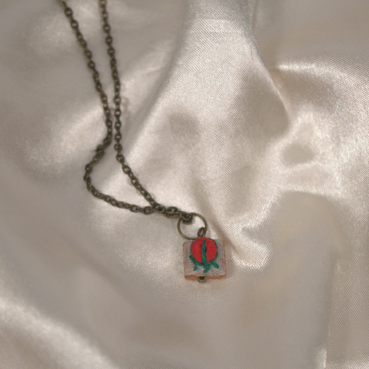 Red Rose Bud Tiny Square Necklace