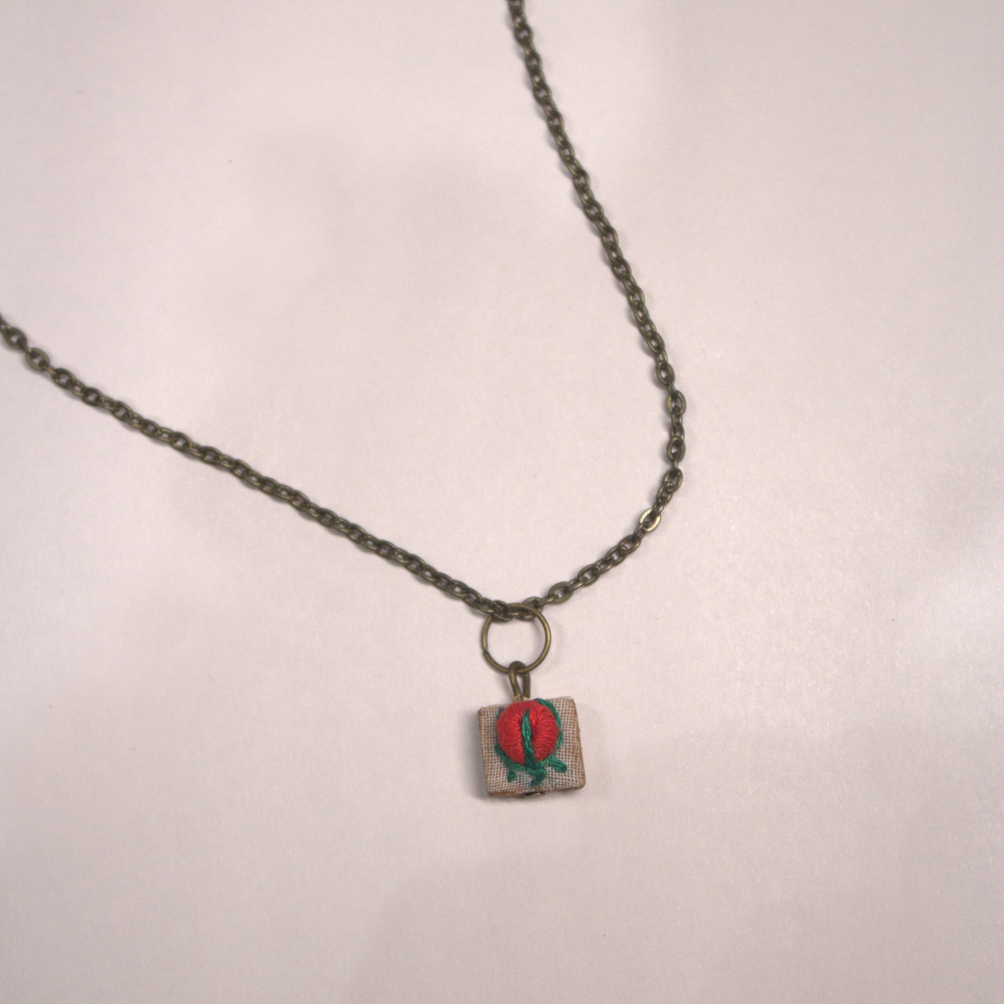 Red Rose Bud Tiny Square Necklace