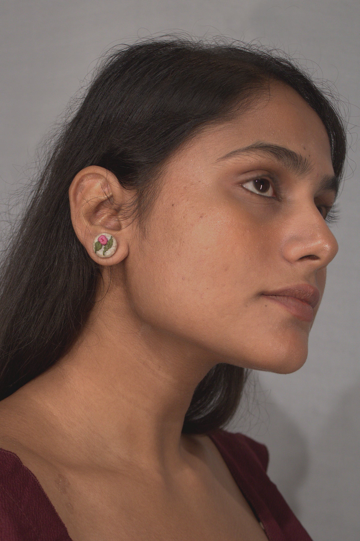 Pink Rose Branch Tiny Round Ear Studs