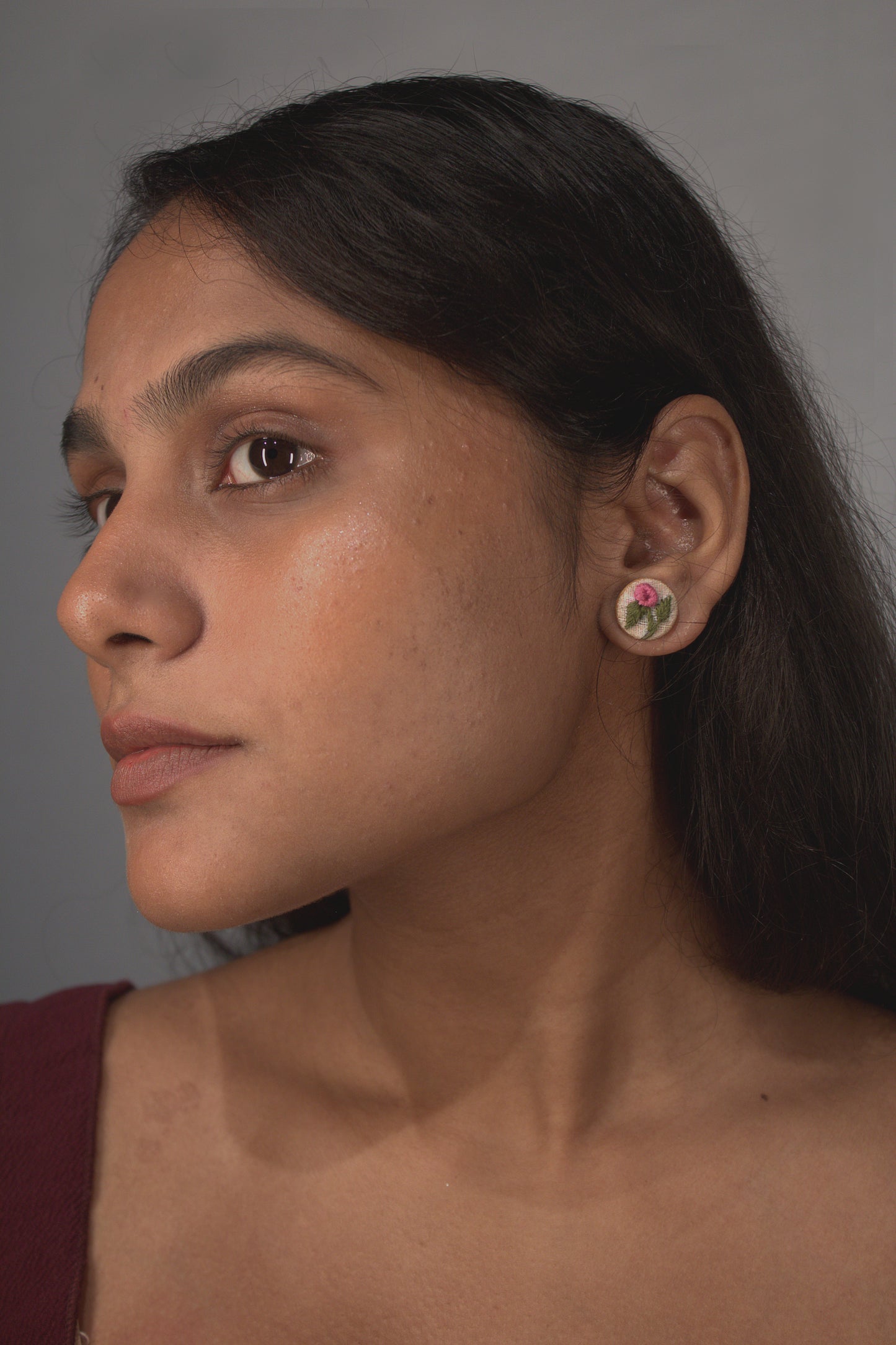 Pink Rose Branch Tiny Round Ear Studs