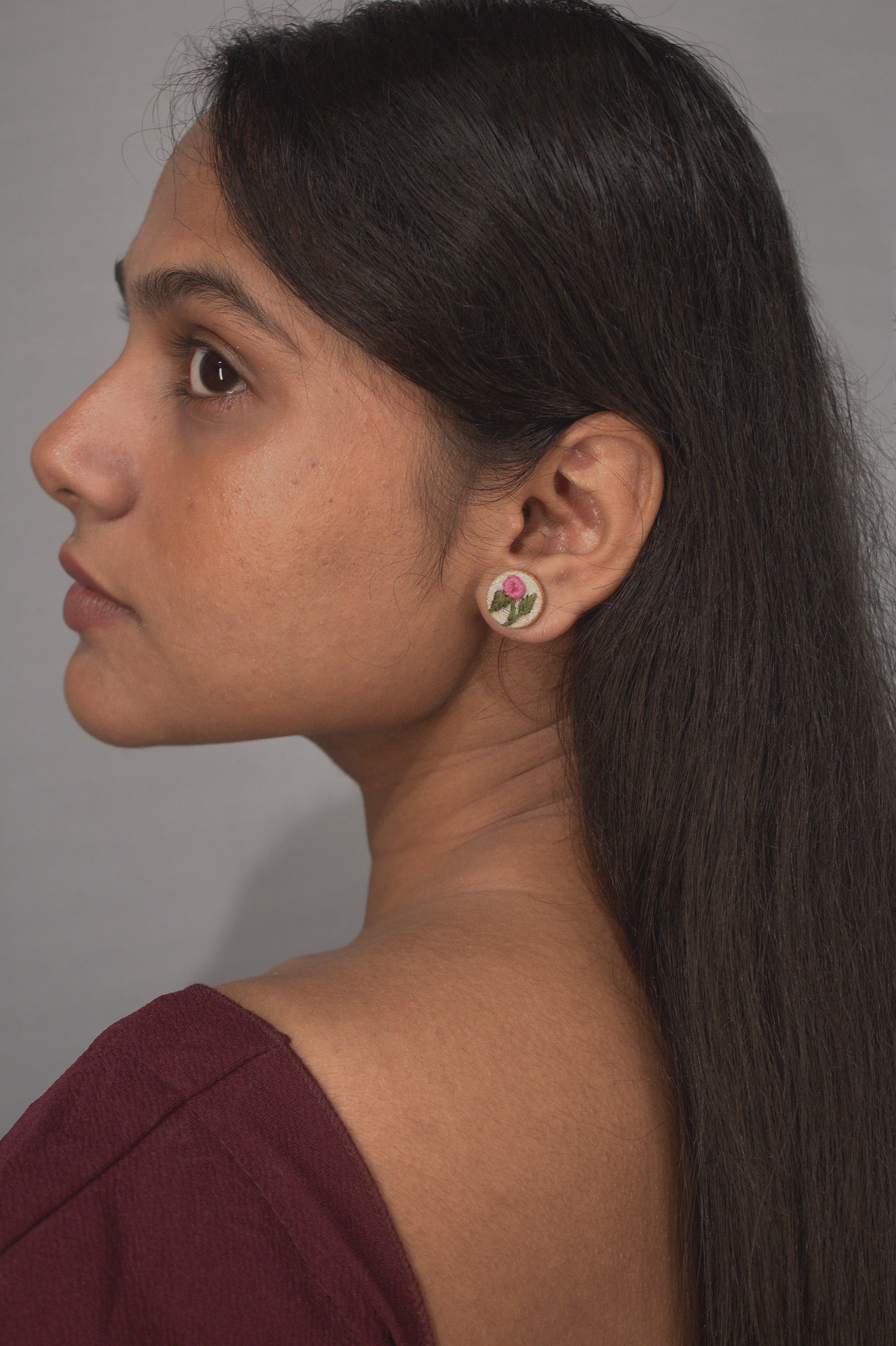 Pink Rose Branch Tiny Round Ear Studs