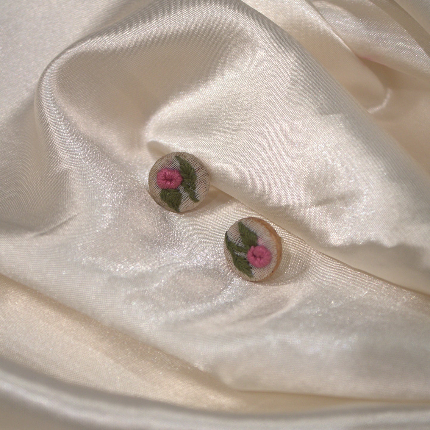 Pink Rose Branch Tiny Round Ear Studs