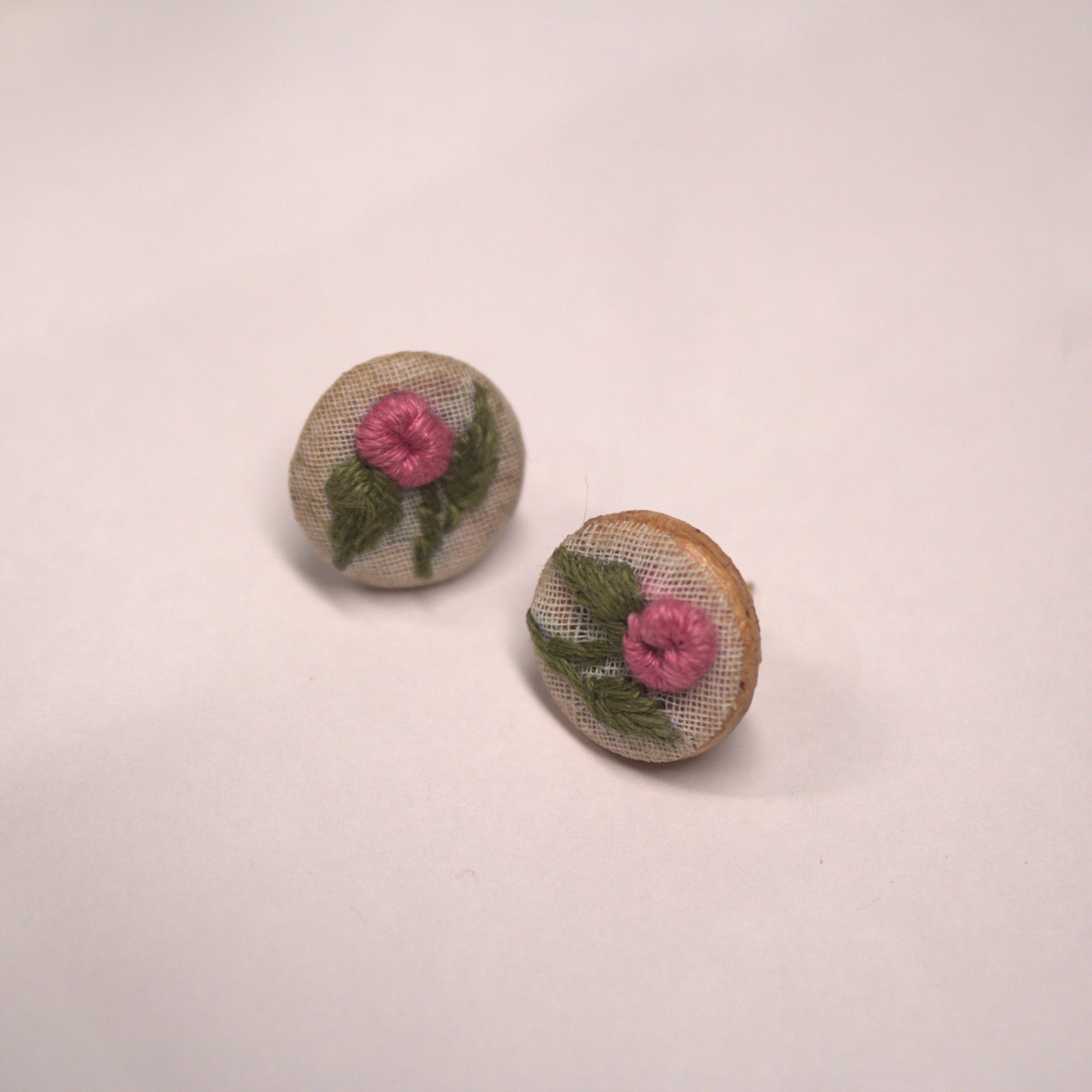 Pink Rose Branch Tiny Round Ear Studs