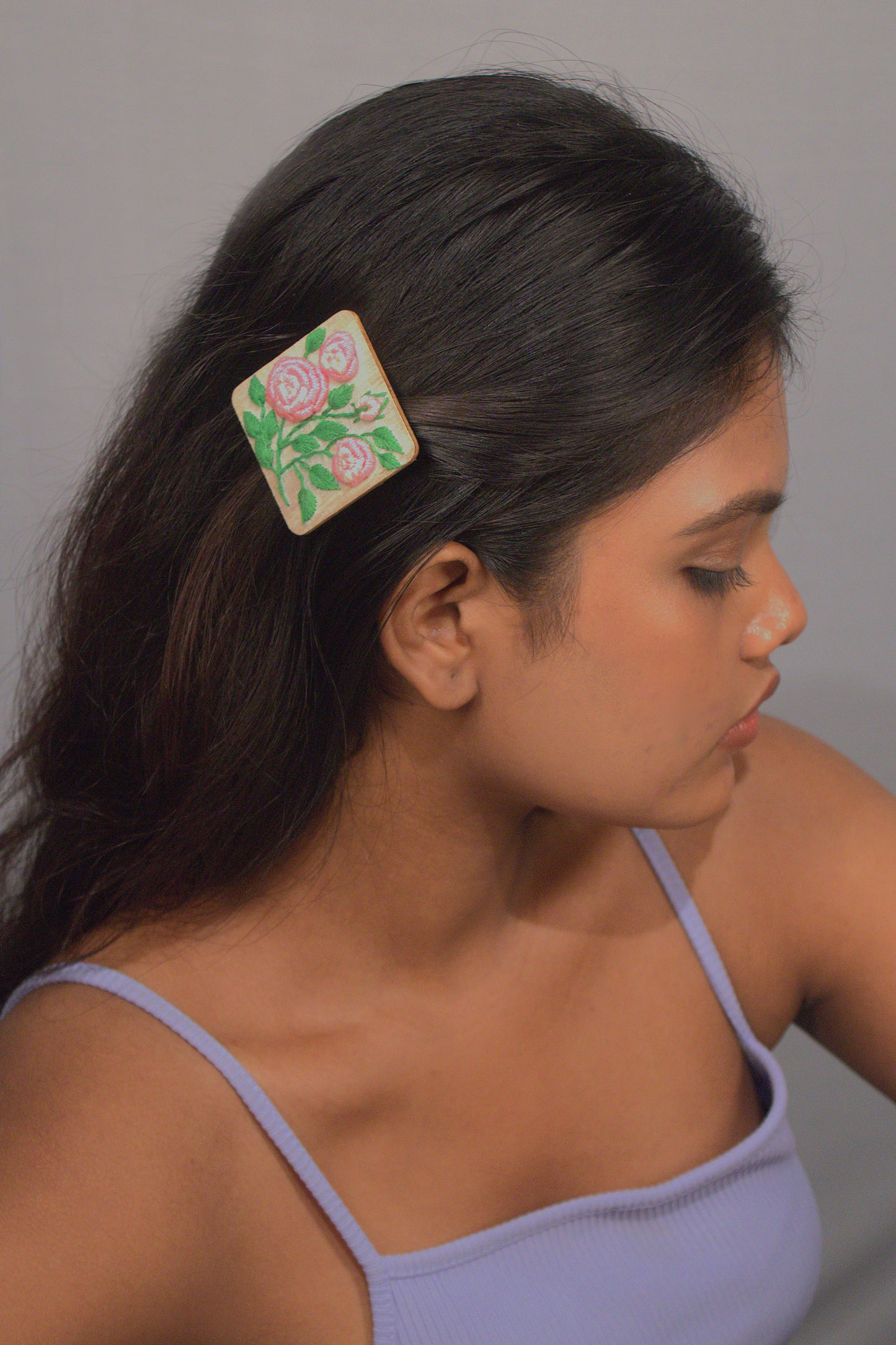 Light Pink Gradient Rose Branch Rectangular Alligator Hair Clip