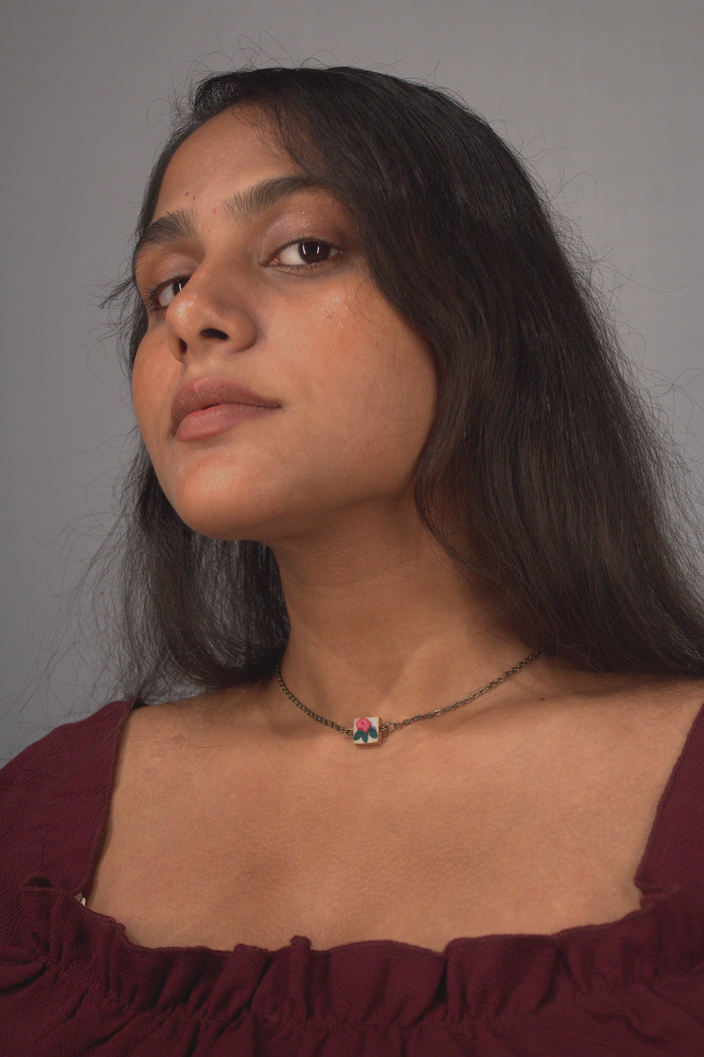 Peach Rose Tiny Square Necklace