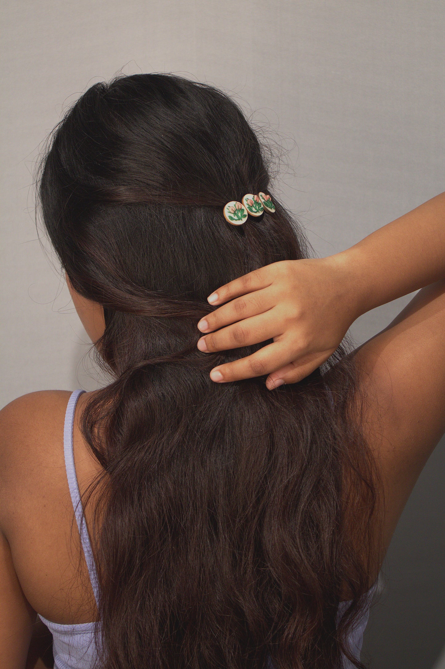 Peach Rose Buds Branch Triple Round Hair Barrette