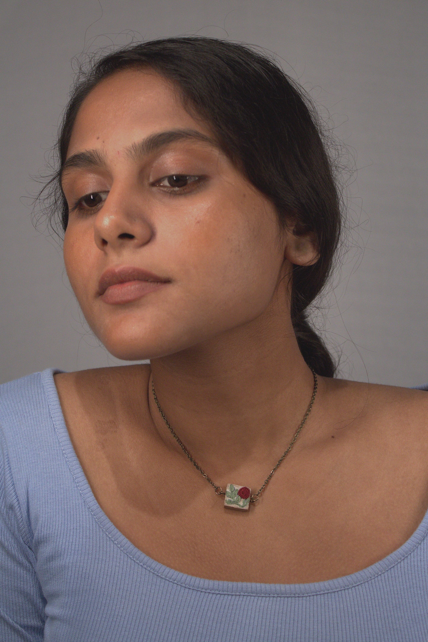 Maroon Rose Branch Square Necklace