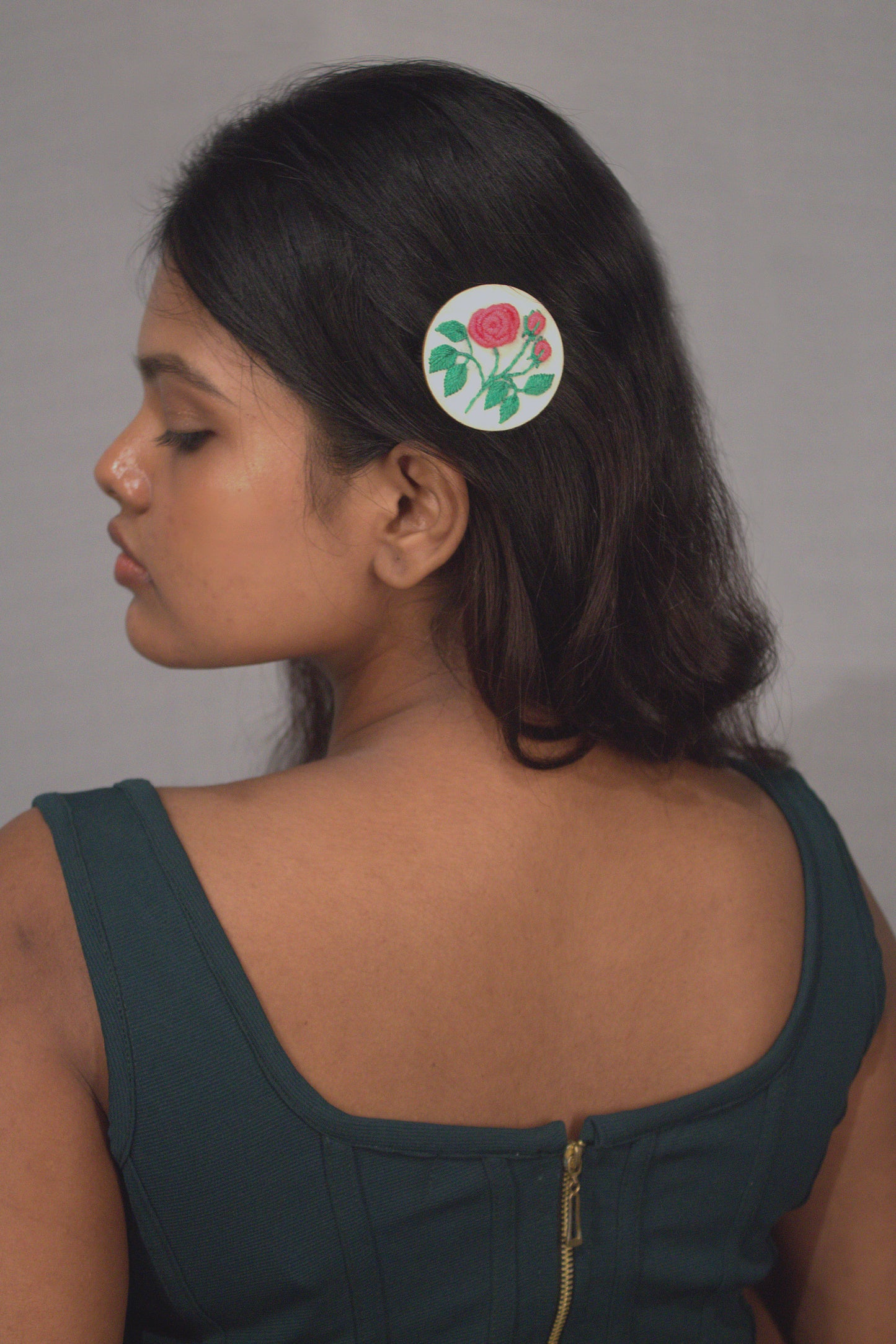 Peach Rose Branch Circular Alligator Hair Clip