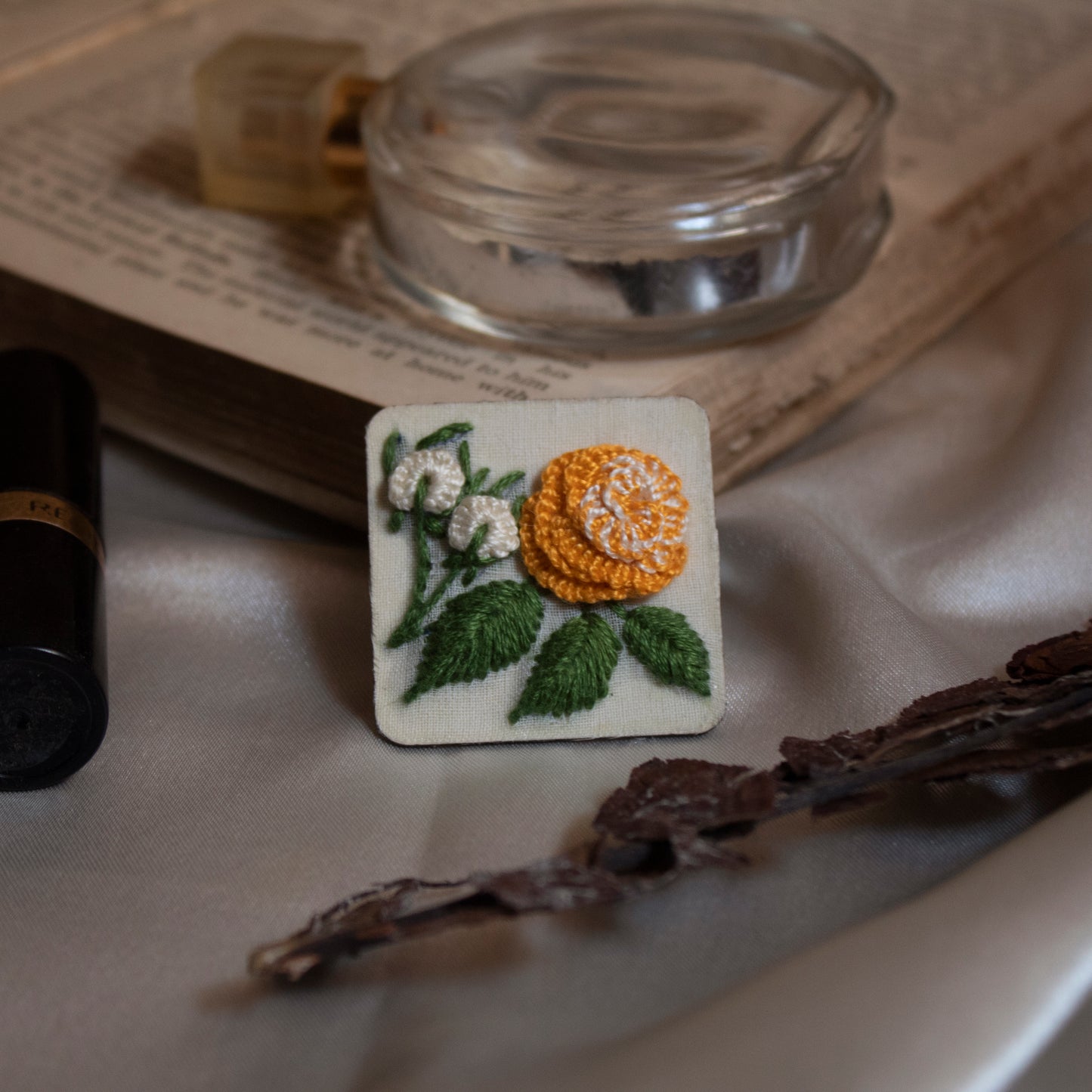 Yellow Gradient Rose Branch Square Brooch Pin