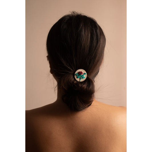 Maroon Rose Bud Branch Round Hair Pin