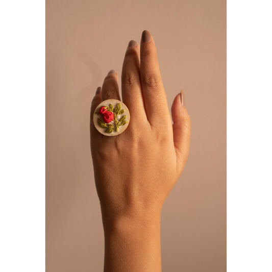 Bright Red Rose Branch Round Adjustable Ring
