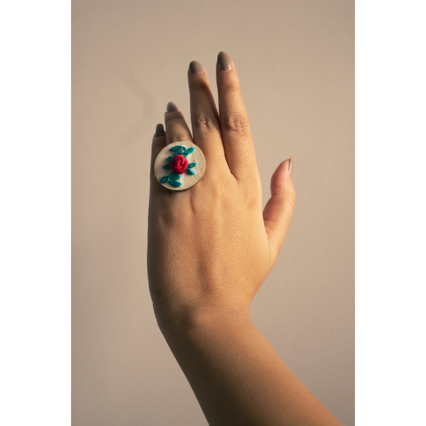 Dark Red Rose Branches Round Adjustable Ring