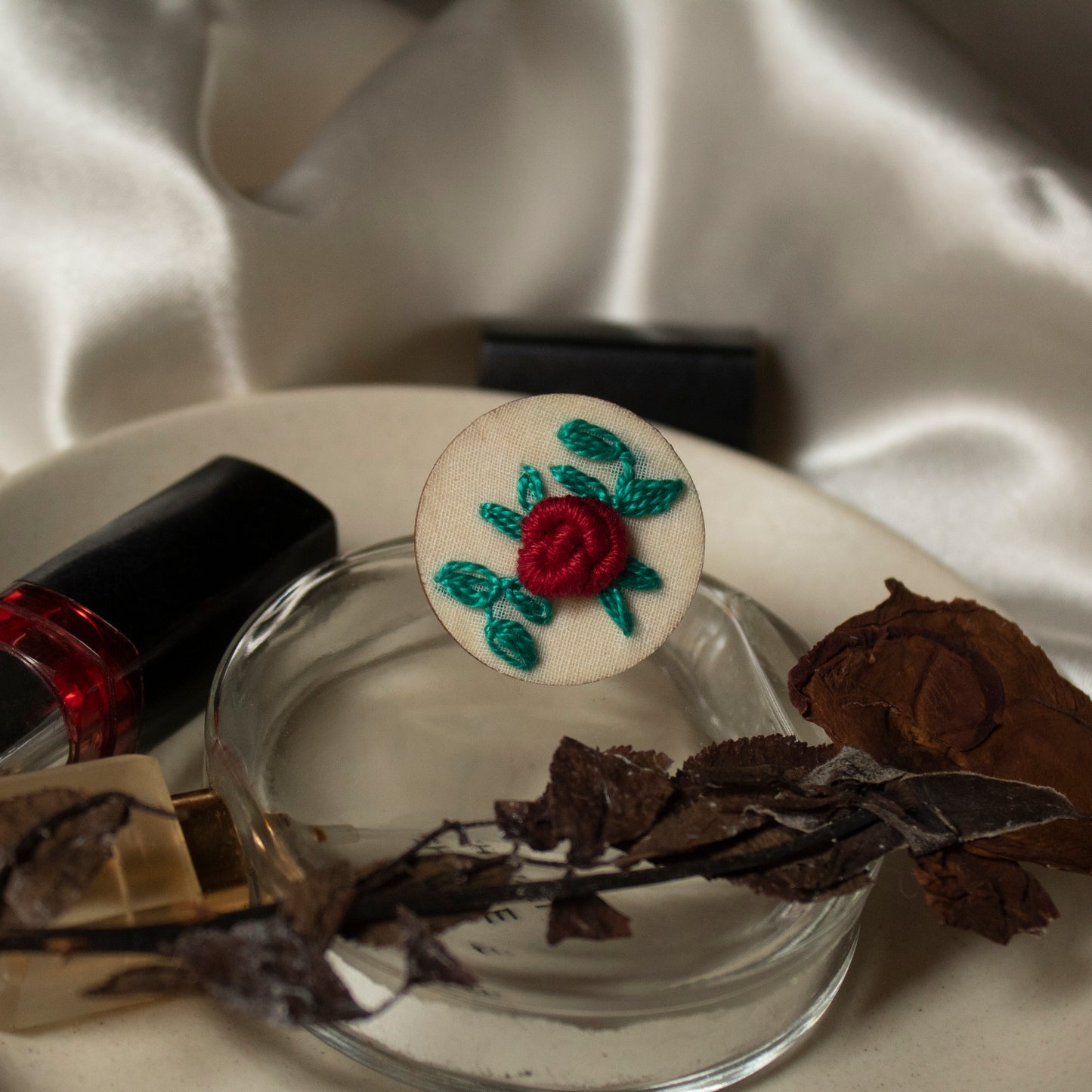 Dark Red Rose Branches Round Adjustable Ring