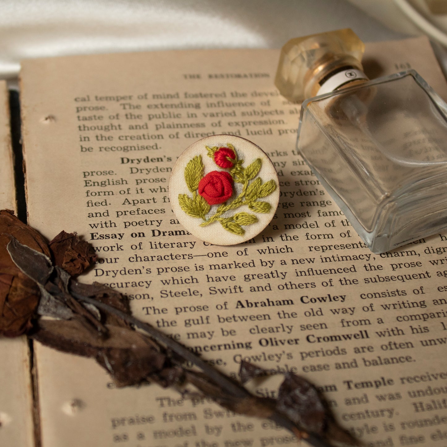 Bright Red Rose Branch Round Adjustable Ring