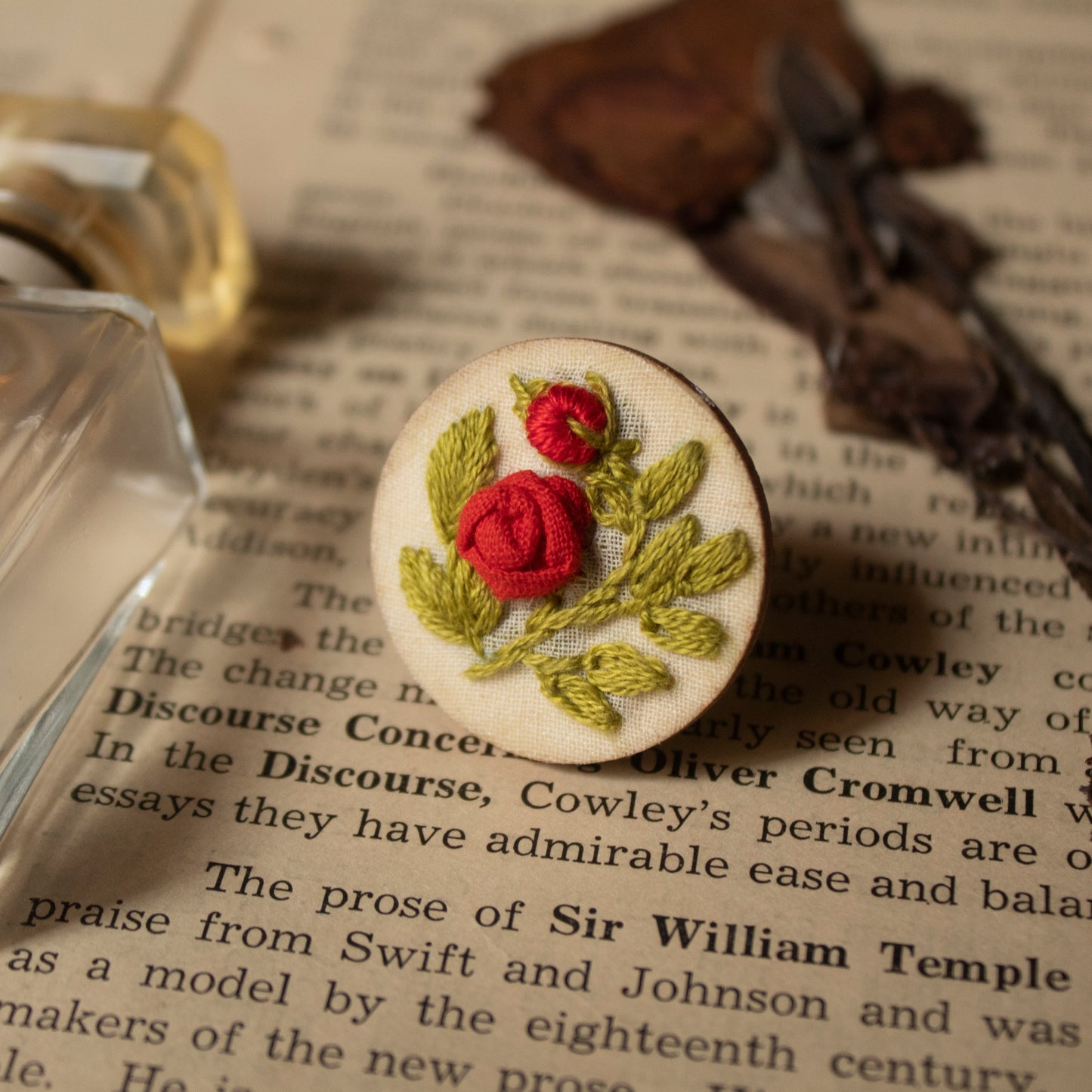 Bright Red Rose Branch Round Adjustable Ring