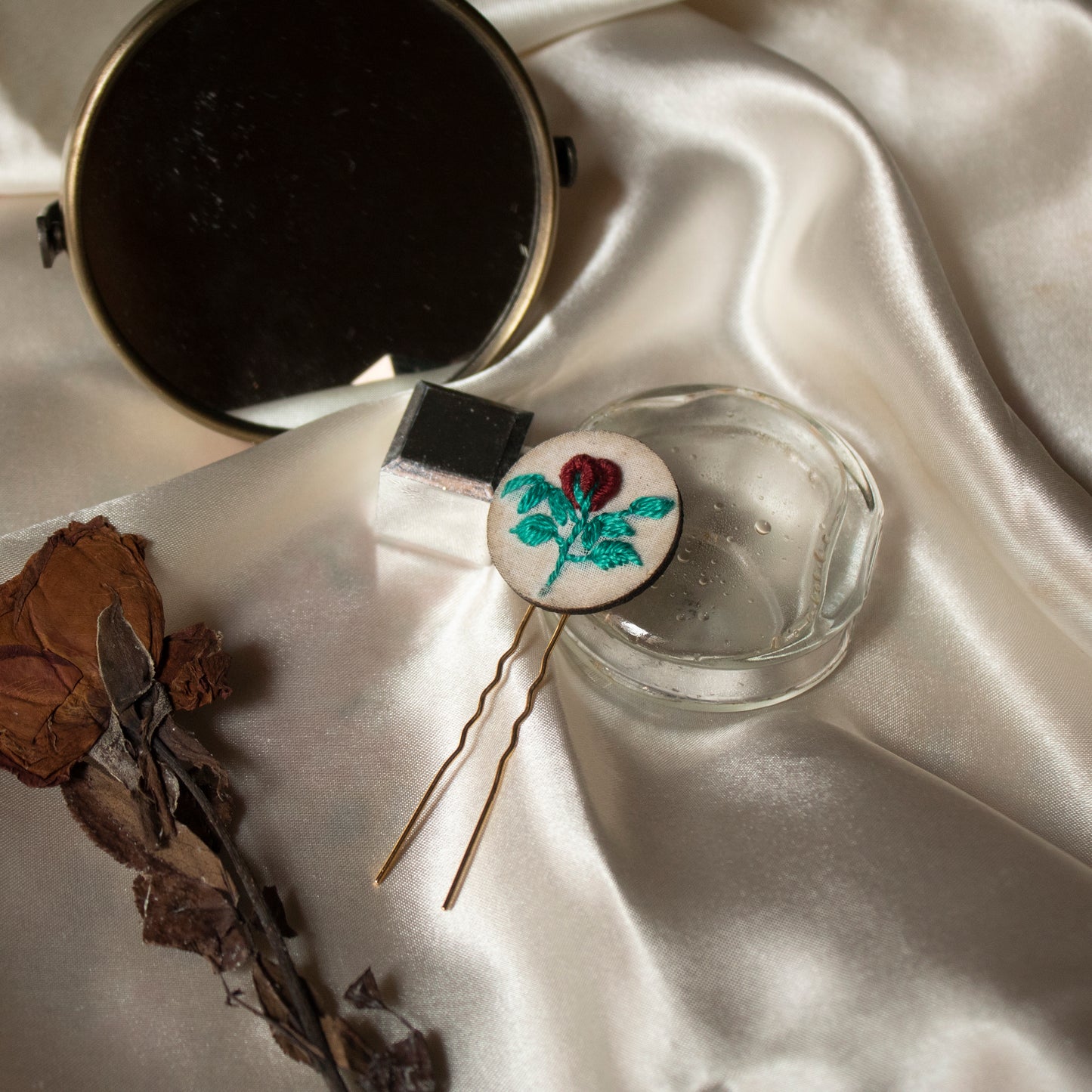 Maroon Rose Bud Branch Round Hair Pin