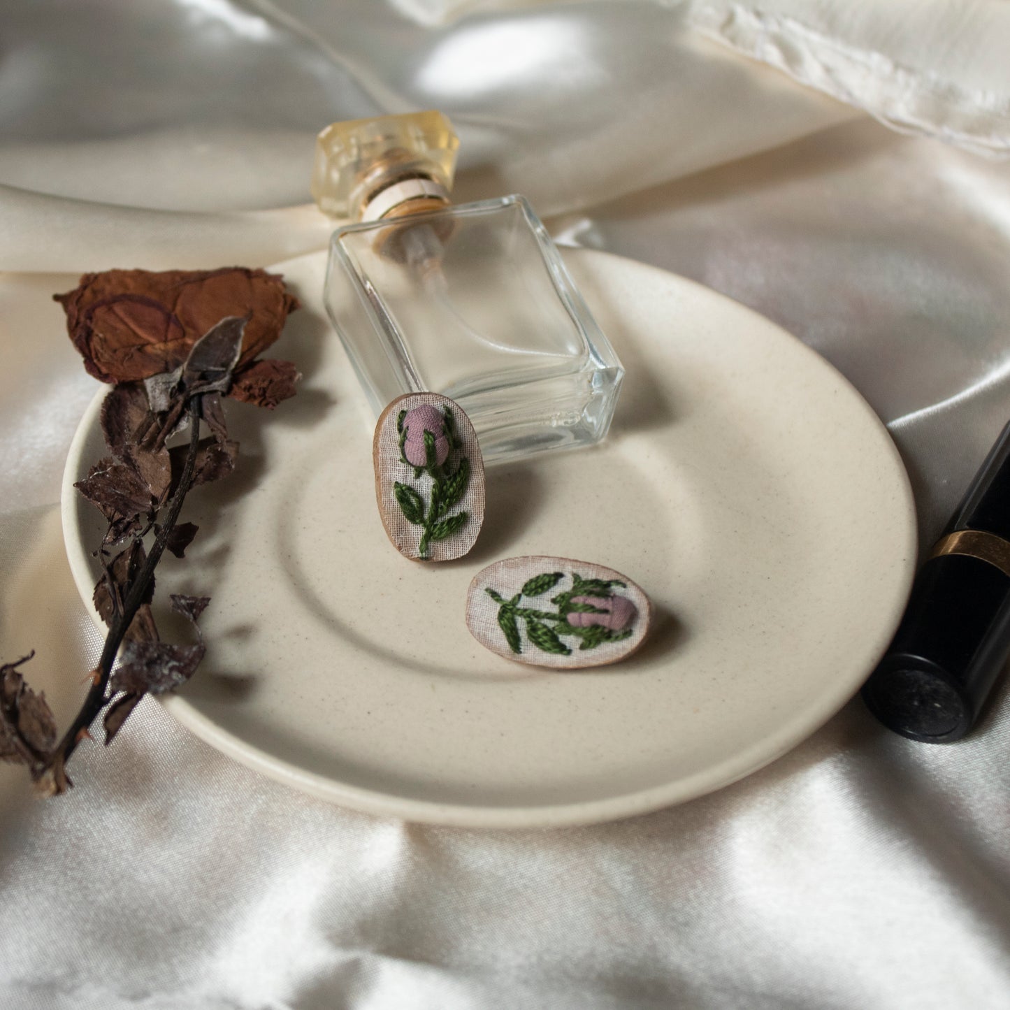 Mauve Rose Buds Branch Oval Ear Studs