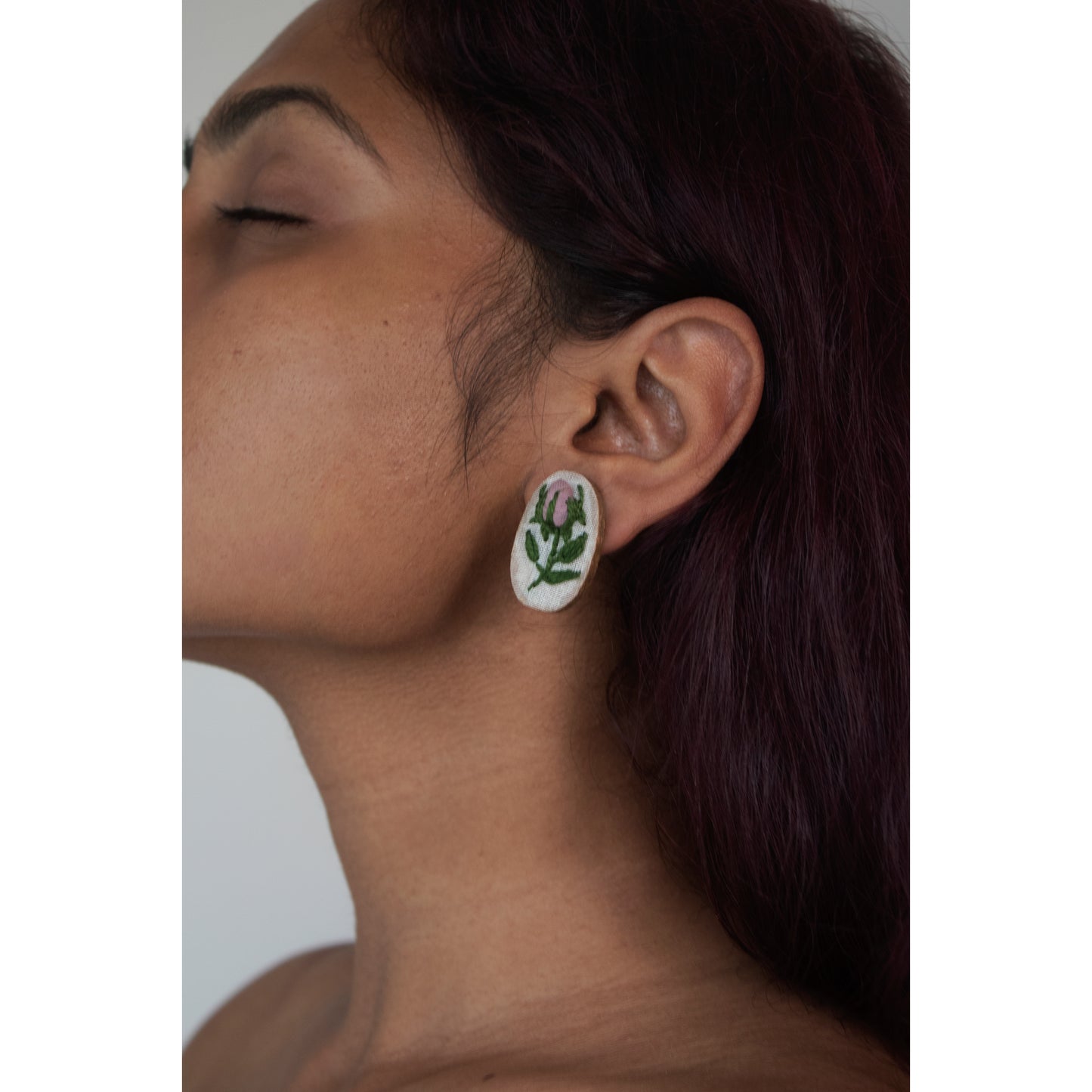Mauve Rose Buds Branch Oval Ear Studs